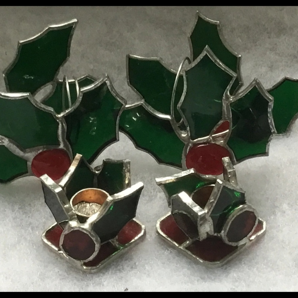 4 gorgeous stained glass holly candleholders, and napkin holders for Christmas
